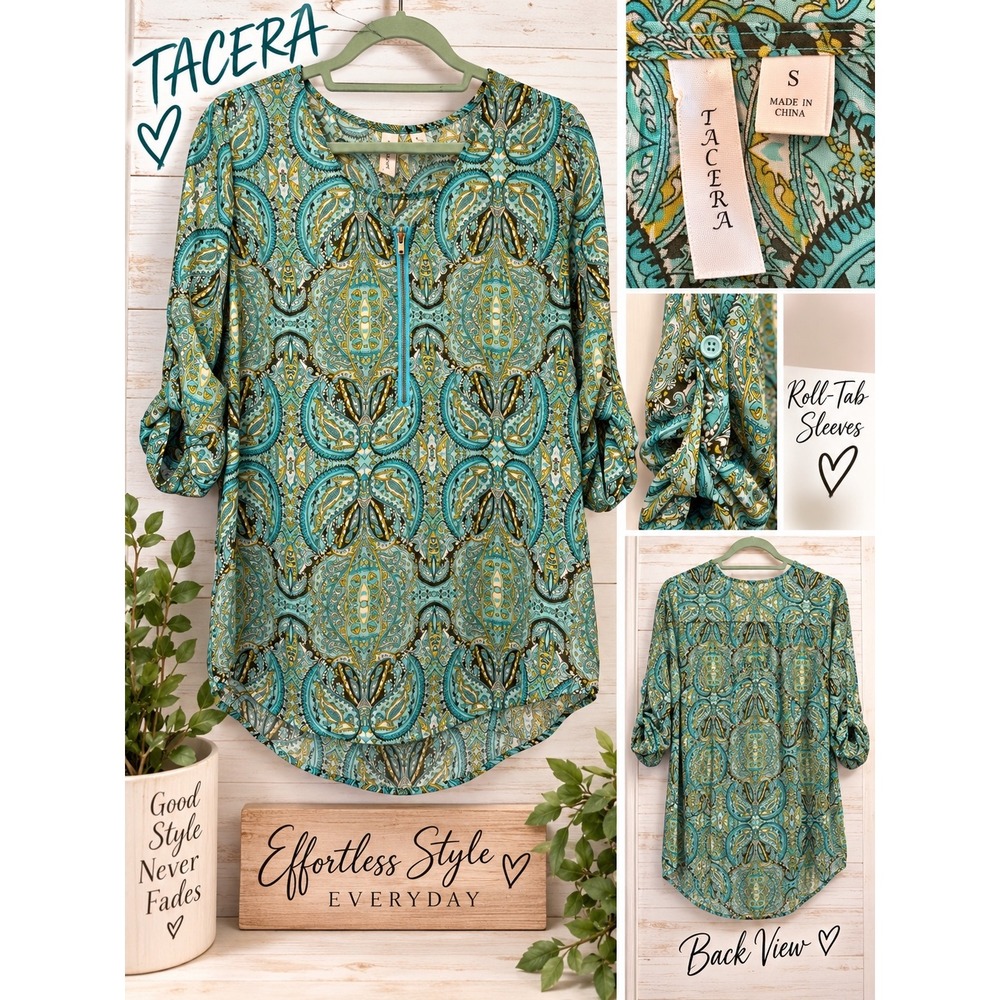 Tacera Womens Small Teal Paisley Quarter Zip Roll Tab Sleeve Blouse Top 5001